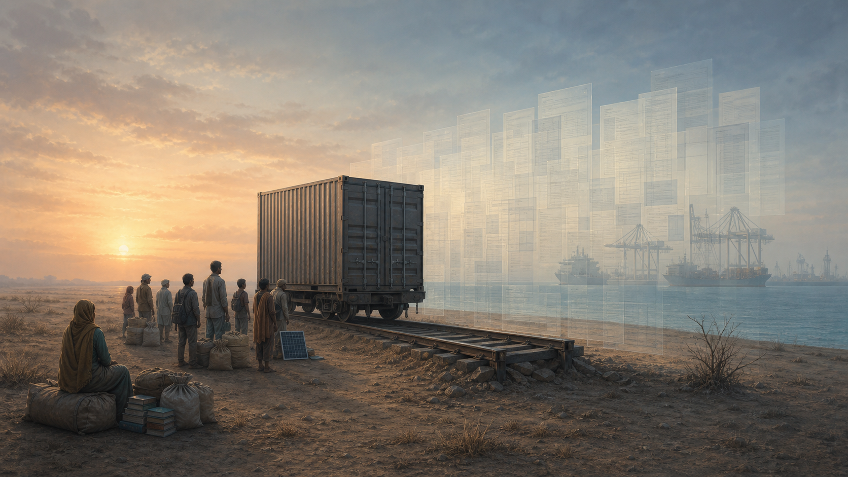 A railway reaches toward the sea but stops at a wall made of paperwork, asking whether connectivity can free people or merely move extraction faster.