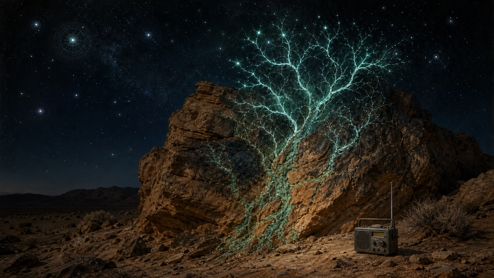 A seam of mineral matter becomes a nervous system under a warning sky.